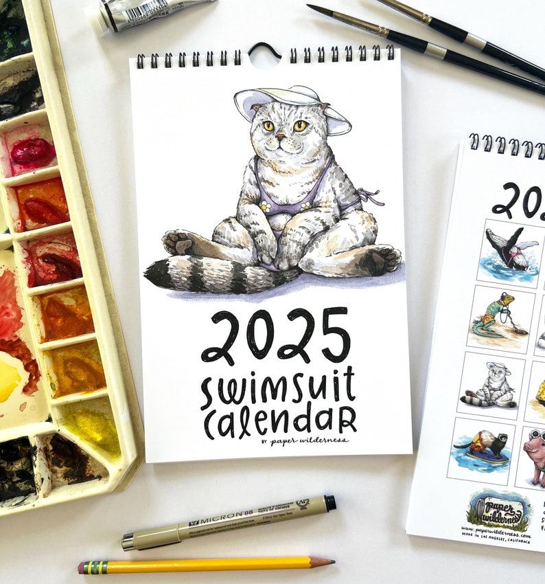 2025 Swimsuit Calendar Cute Animals Watercolor Funny Illustrated Wall Calendar