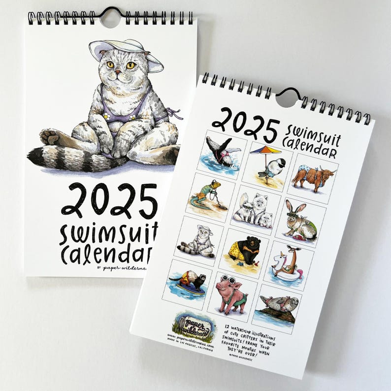 2025 Swimsuit Calendar Cute Animals Watercolor Funny Illustrated Wall Calendar