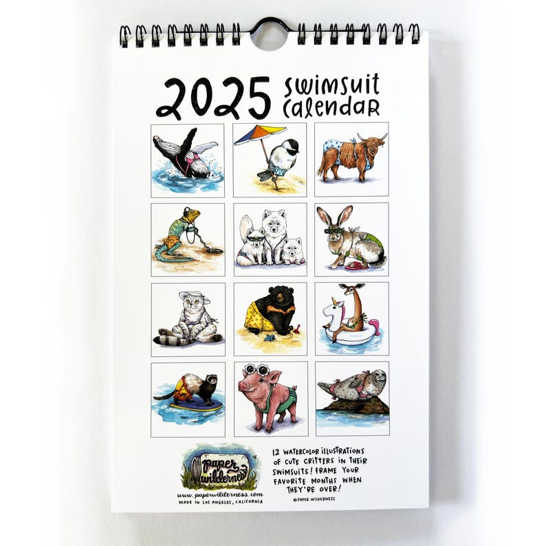 2025 Swimsuit Calendar Cute Animals Watercolor Funny Illustrated Wall Calendar