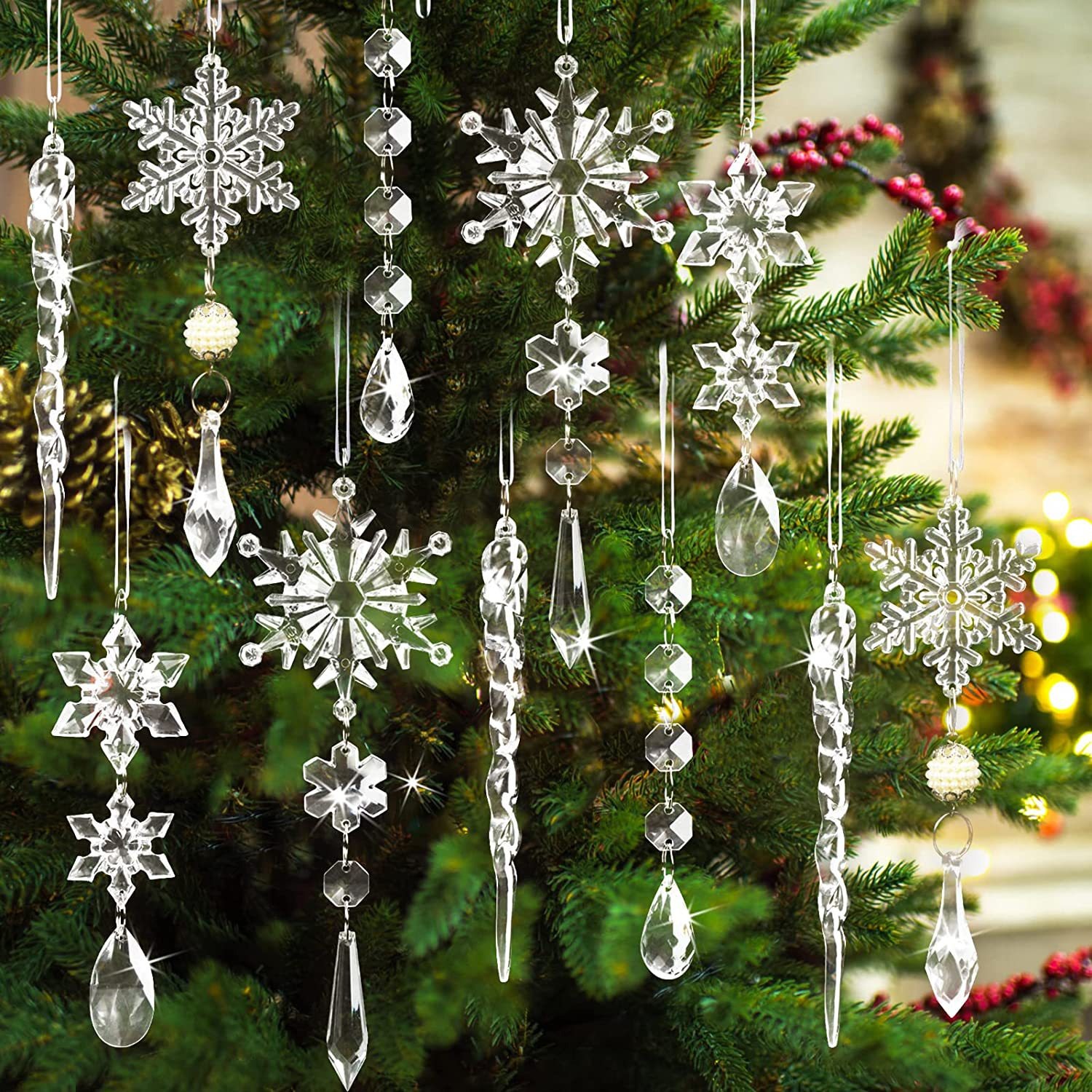 Christmas Hanging Acrylic Snowflake and Icicle Ornaments(10pcs)