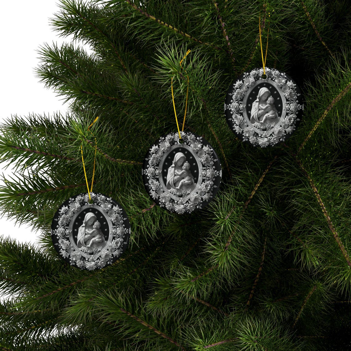  Madonna and Child Snowflake Floral Ceramic Ornament