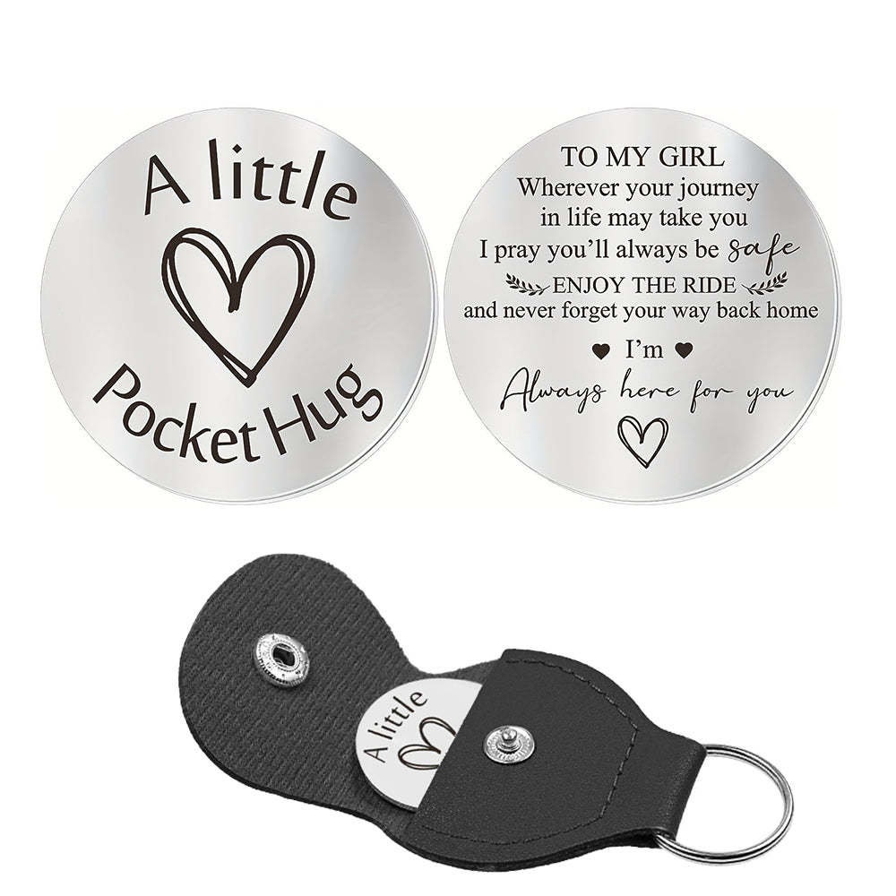 Double Sided Engraved Pocket Hug Token with Leather