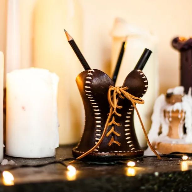 Leather Corset Pencil Cup