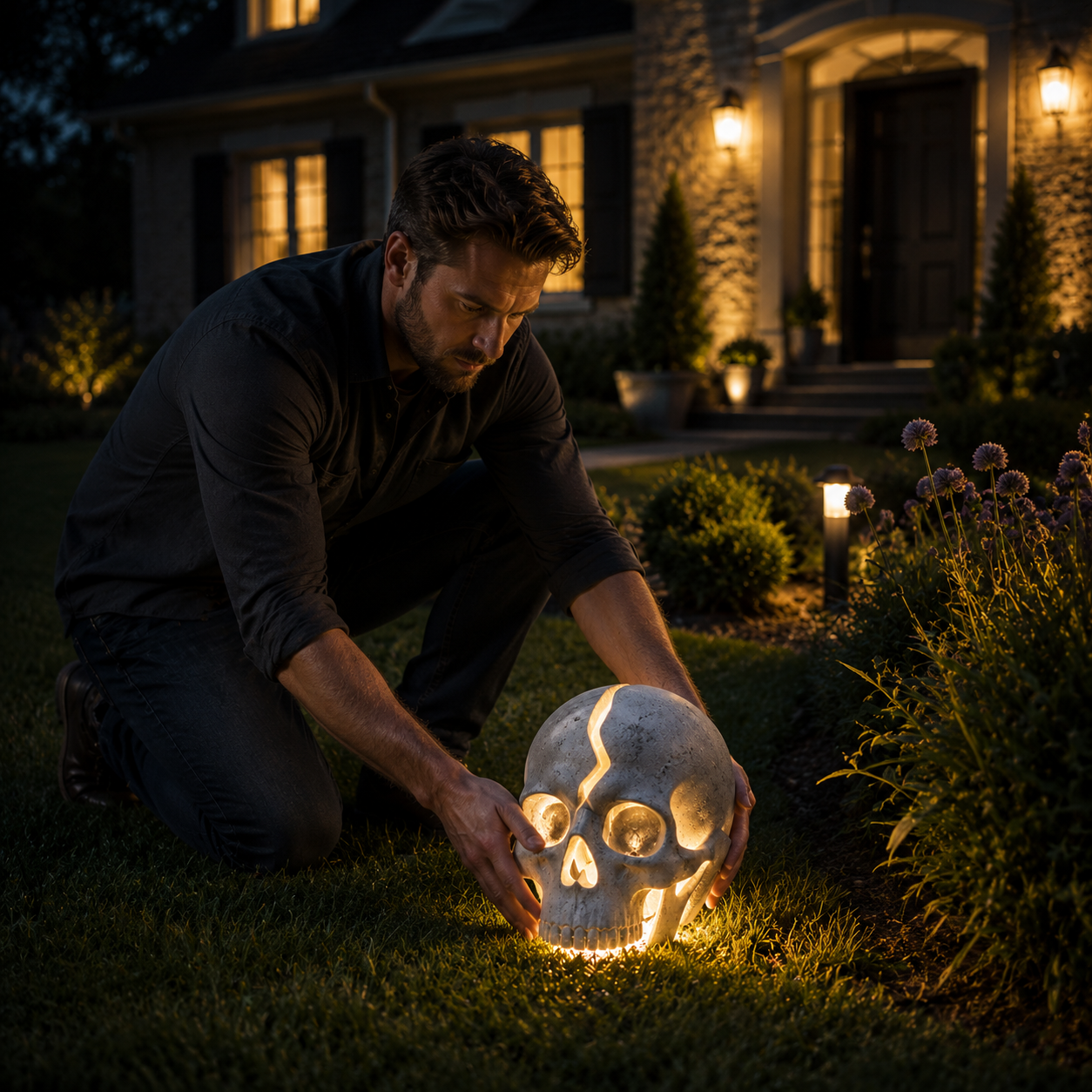💀 Cracked Skull Solar Garden Light