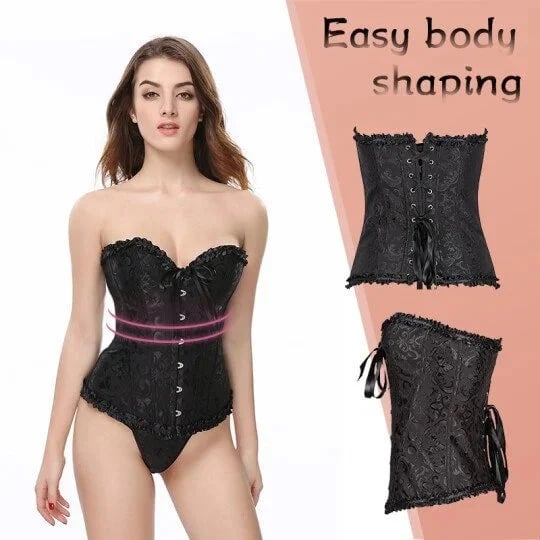 Women's Lacing Corset Top Satin Floral Boned Overbust Body Shaper Bustier