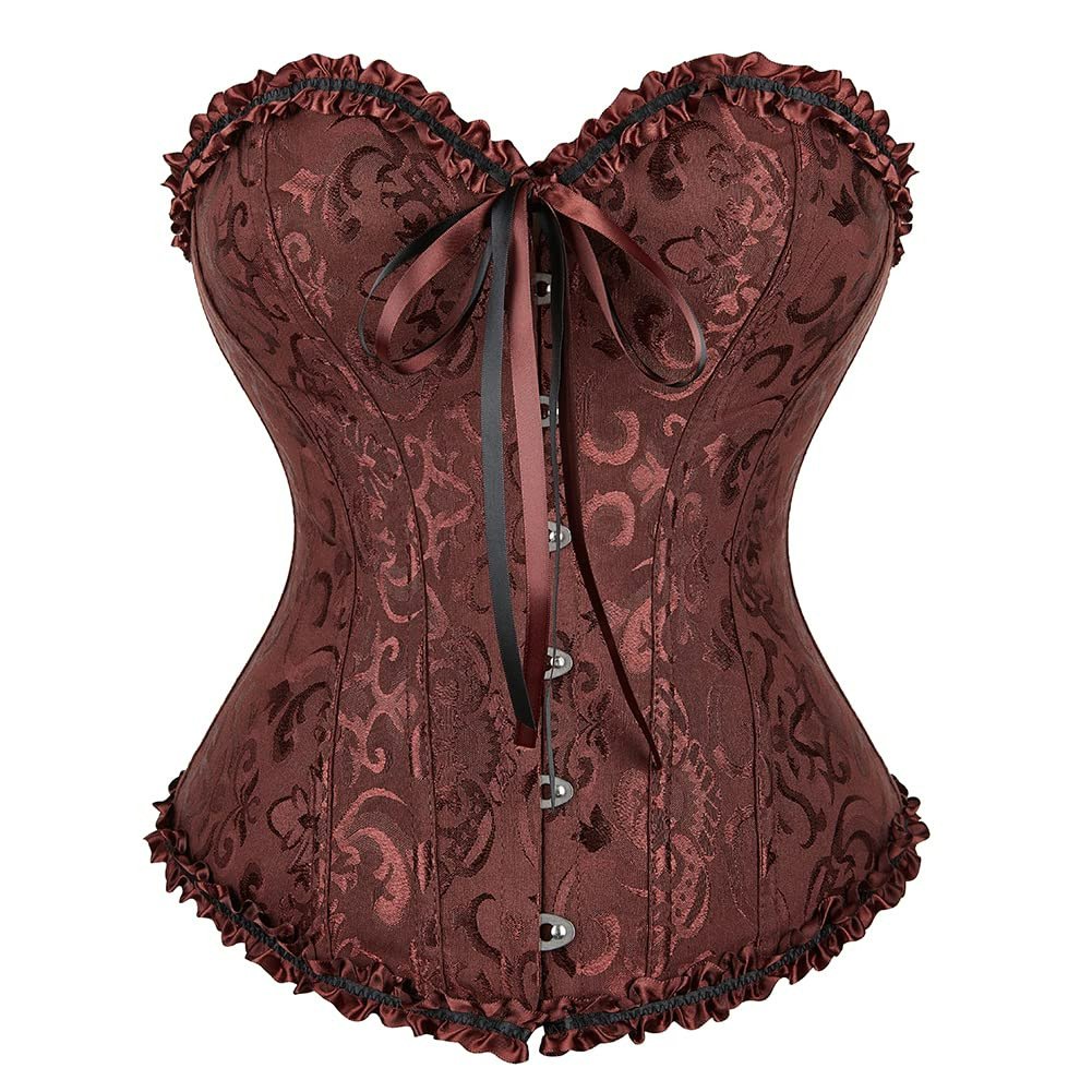 Women's Lacing Corset Top Satin Floral Boned Overbust Body Shaper Bustier