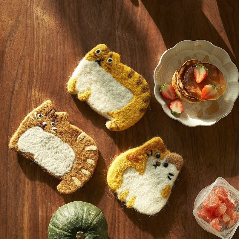 🐱Cute Handmade Wool Felt Animal Kitty Cat Cup Coasters