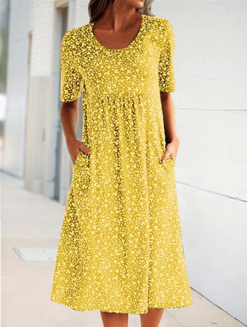 Casual Women Cotton Scoop Neck Floral Dress (8 Colors with Pockets)