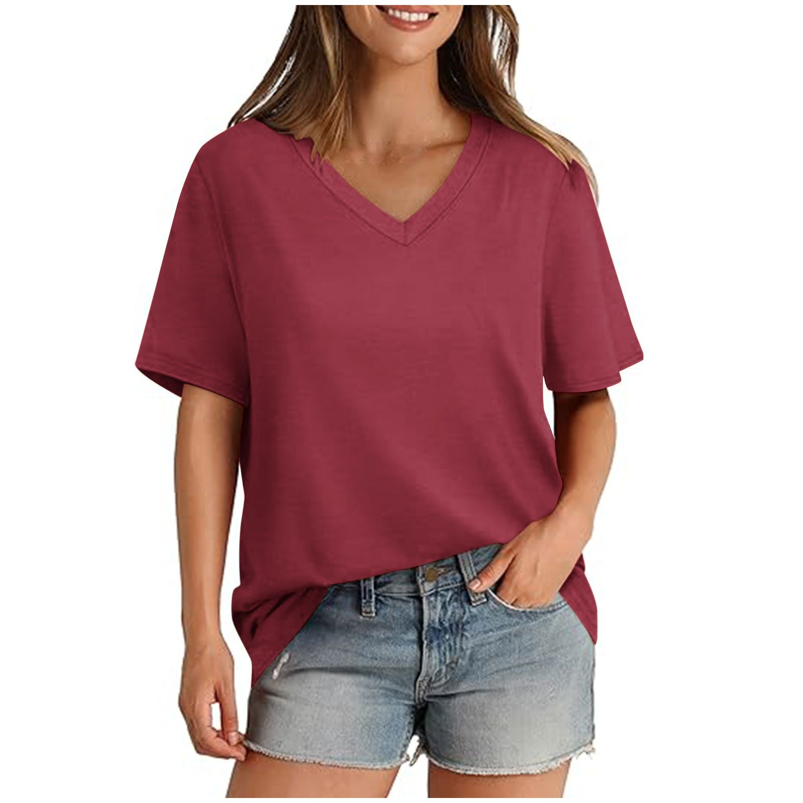 💖Last Day Promotion 49% OFF✨Womens T Shirts V Neck Short Sleeve Casual Loose Tees Tops 2025 Trending Now👚