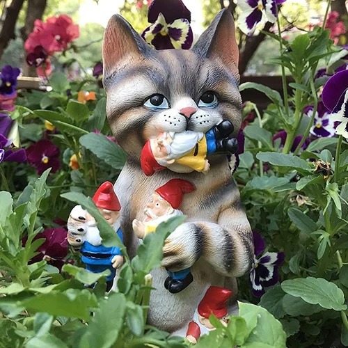 Cat Eating Gnomes Statue