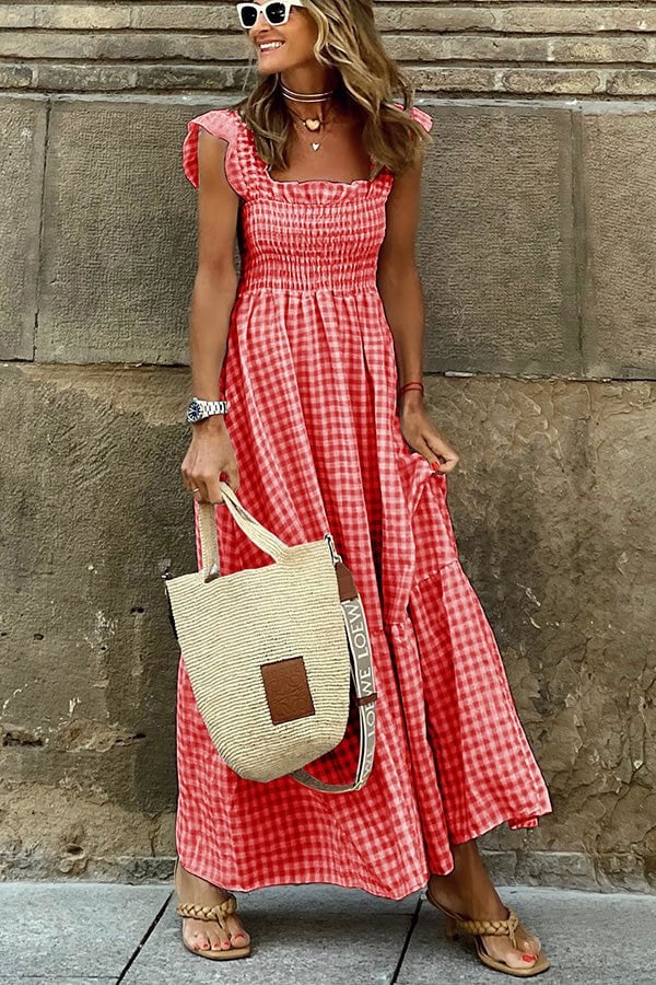 🎁💝2024 Valentine’s Day Gifts - Singing Solo Multi Plaid Smocked Bust Maxi Dress
