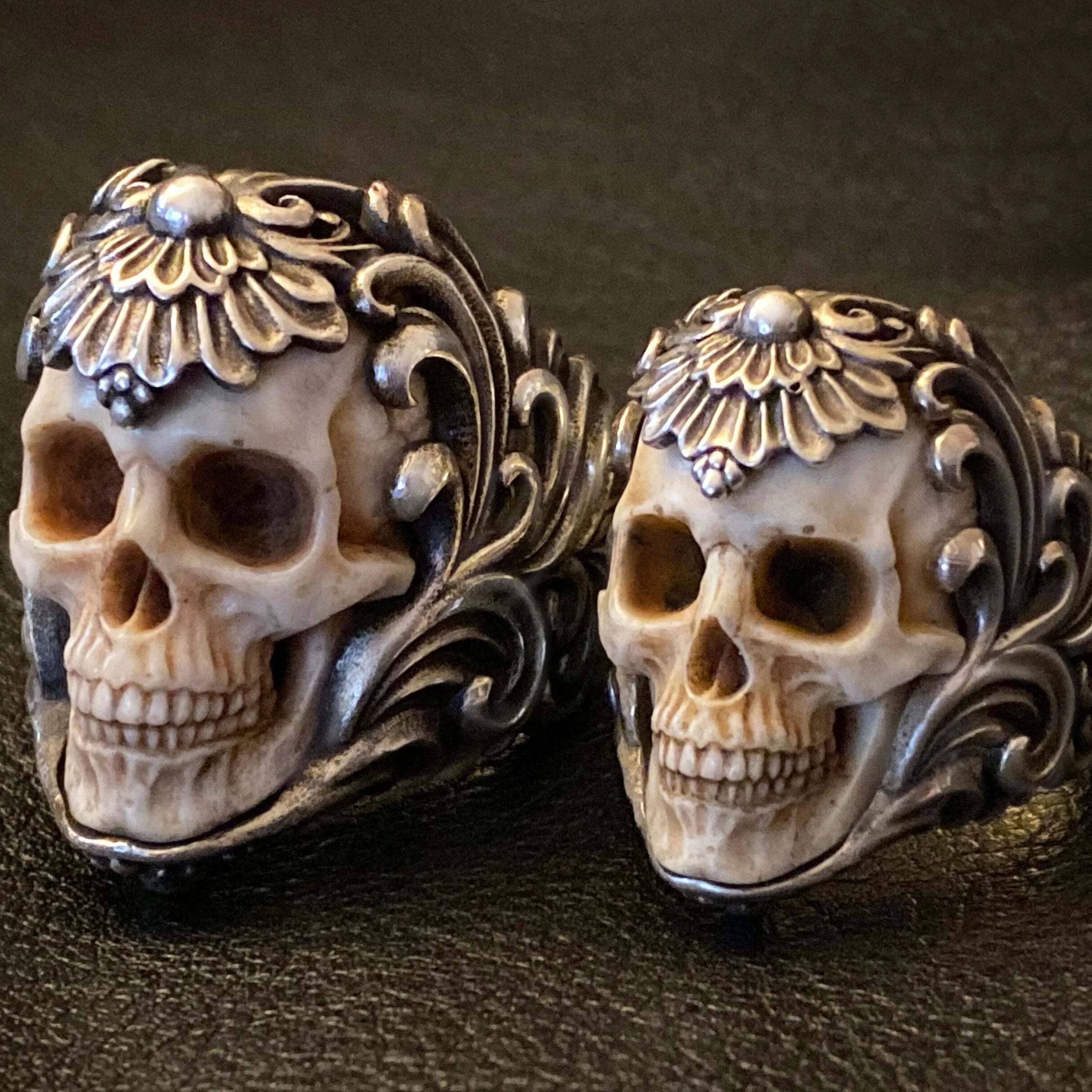 💀Vintage Polish Floral Armor Skull Ring
