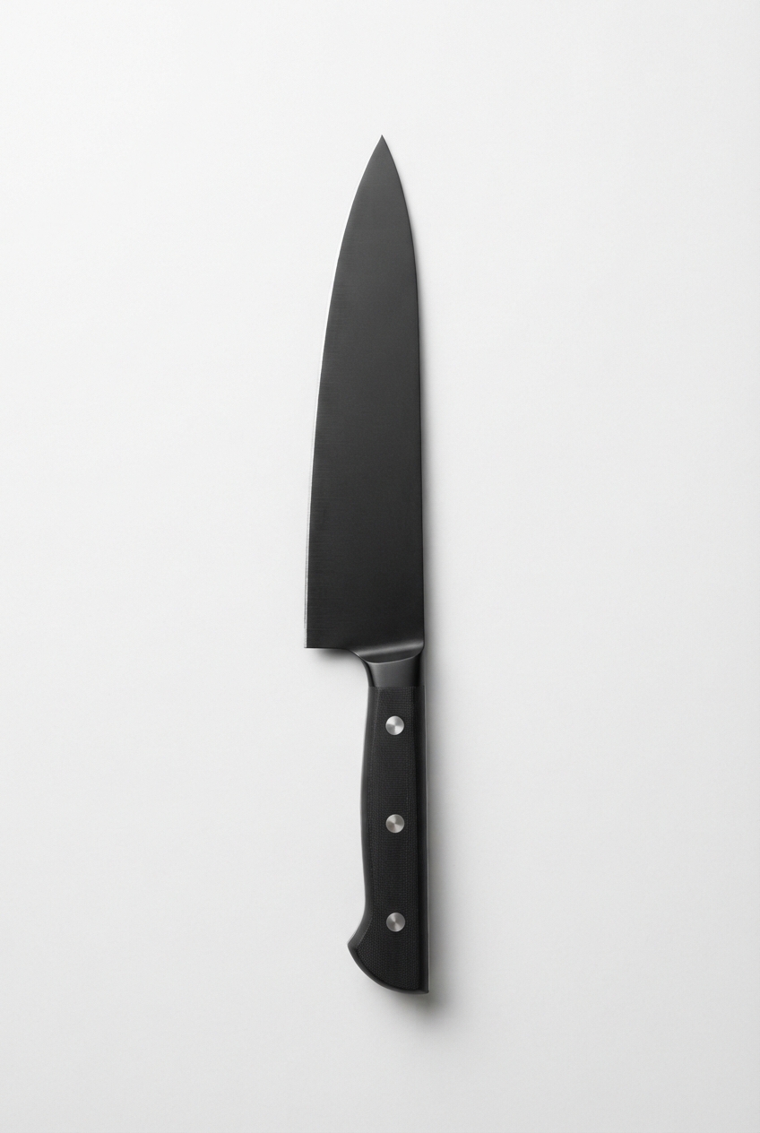 Minimalist stainless steel chef knife on off-white background