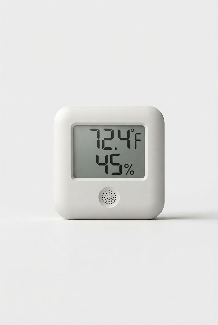 Minimalist indoor thermometer hygrometer on off-white background