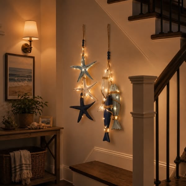 🐟🌊 Lighted Coastal Wooden Hanging Decor – Starfish & Fish Design