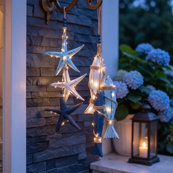 🐟🌊 Lighted Coastal Wooden Hanging Decor – Starfish & Fish Design