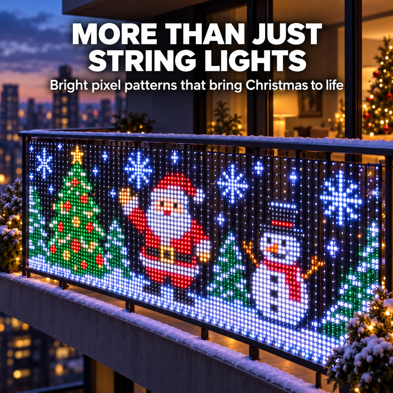 Bright animated Christmas pixel patterns displayed across a balcony