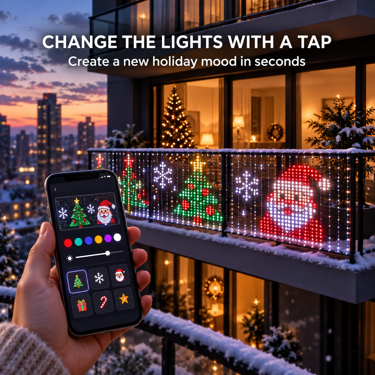 Smartphone controlling animated Christmas pixel light effects