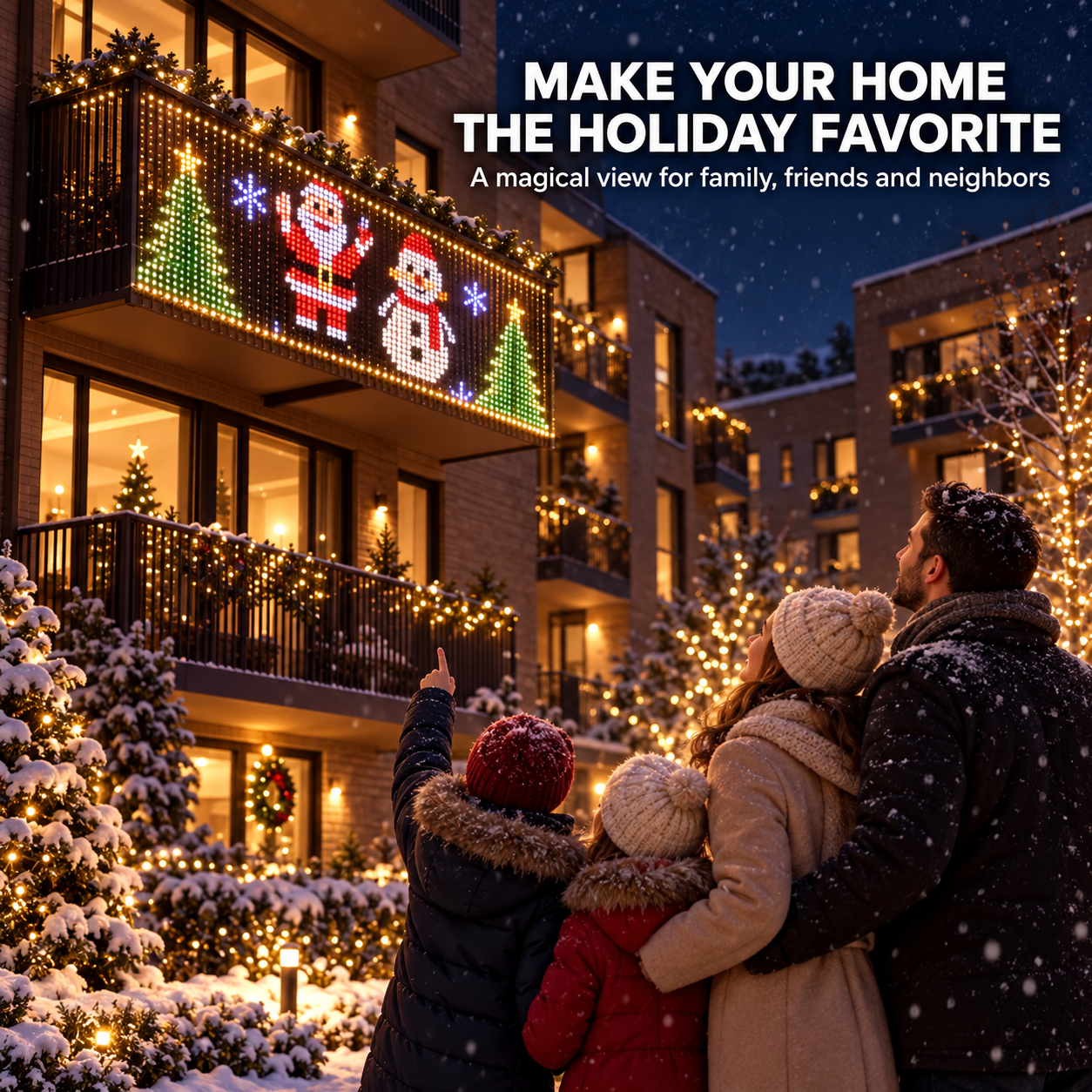 Family enjoying a colorful animated Christmas pixel light display