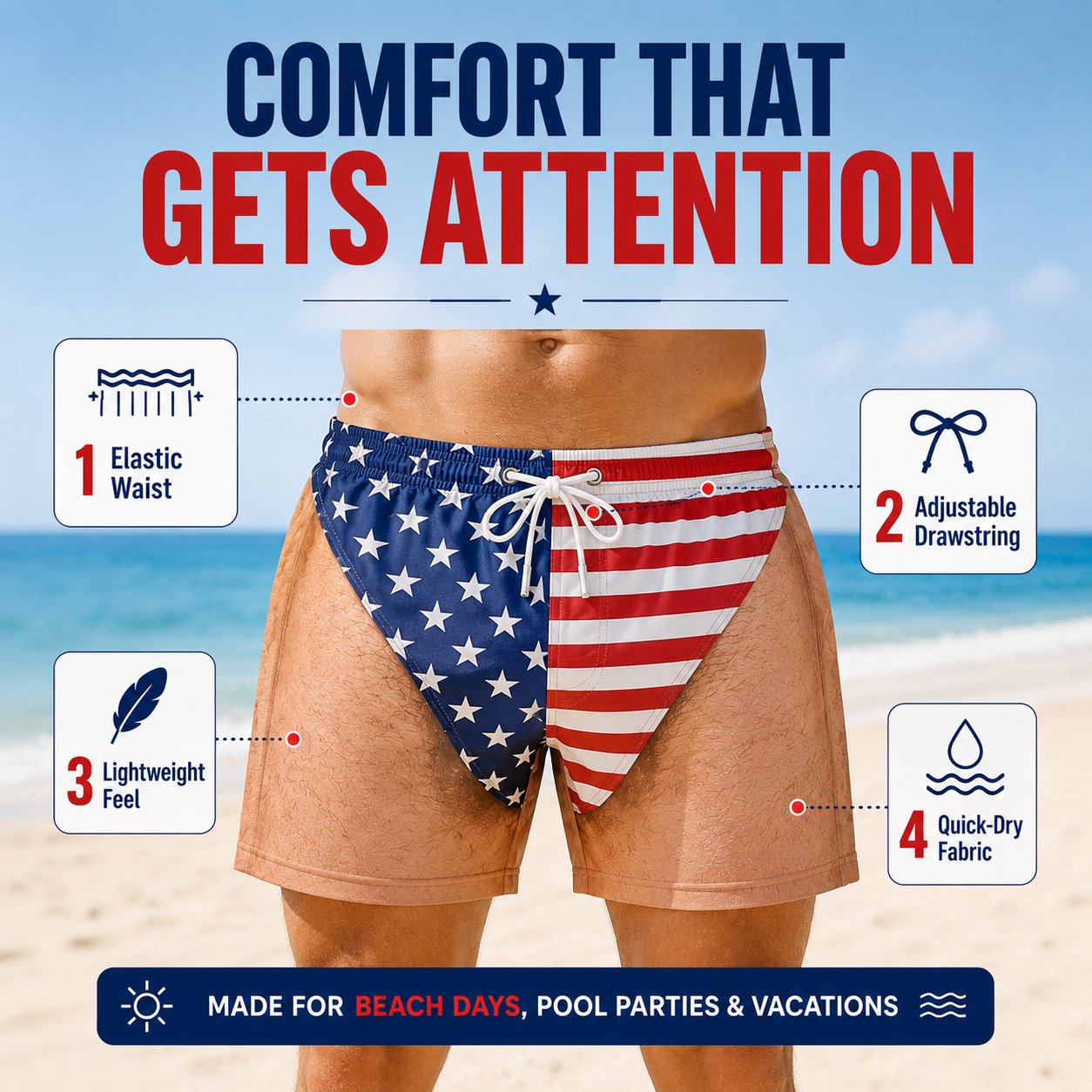 🔥Funny Patriotic Men’s Swim Trunks – Freedom & Chill Summer Beach Shorts 🏖️😎