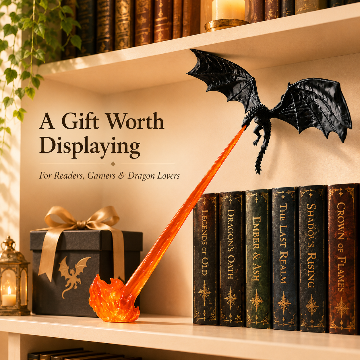 Dragon flame ornament embedded between fantasy book rows