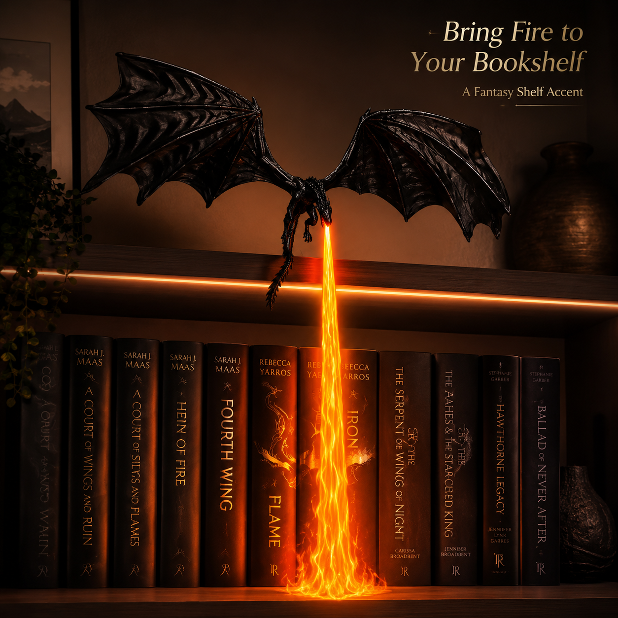 Full shelf view showing glowing dragon fire breathing illusion