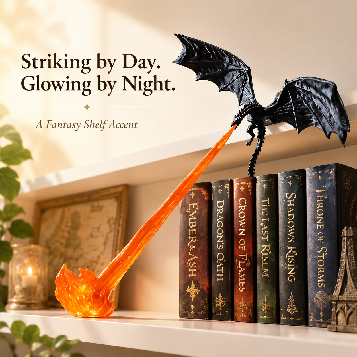 Dragon flame lamp on gaming desk with ambient lights