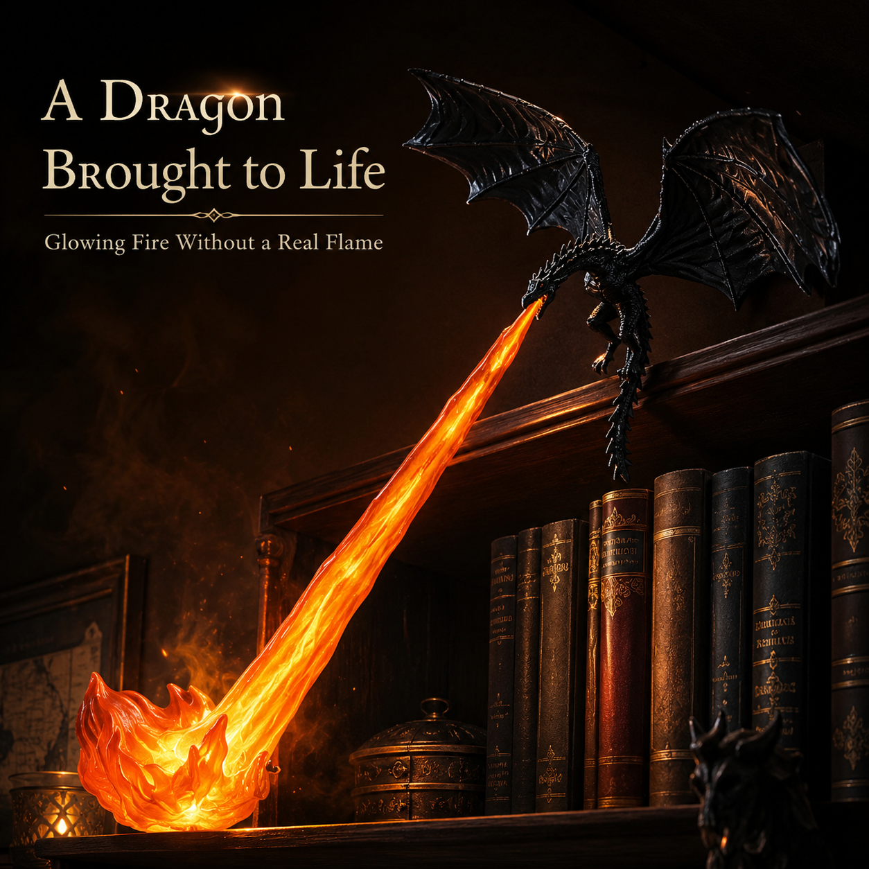 Dragon flame book nook placed on wooden bookcase shelf