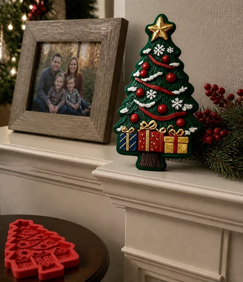 Hand-painted Christmas tree craft displayed on a home mantel