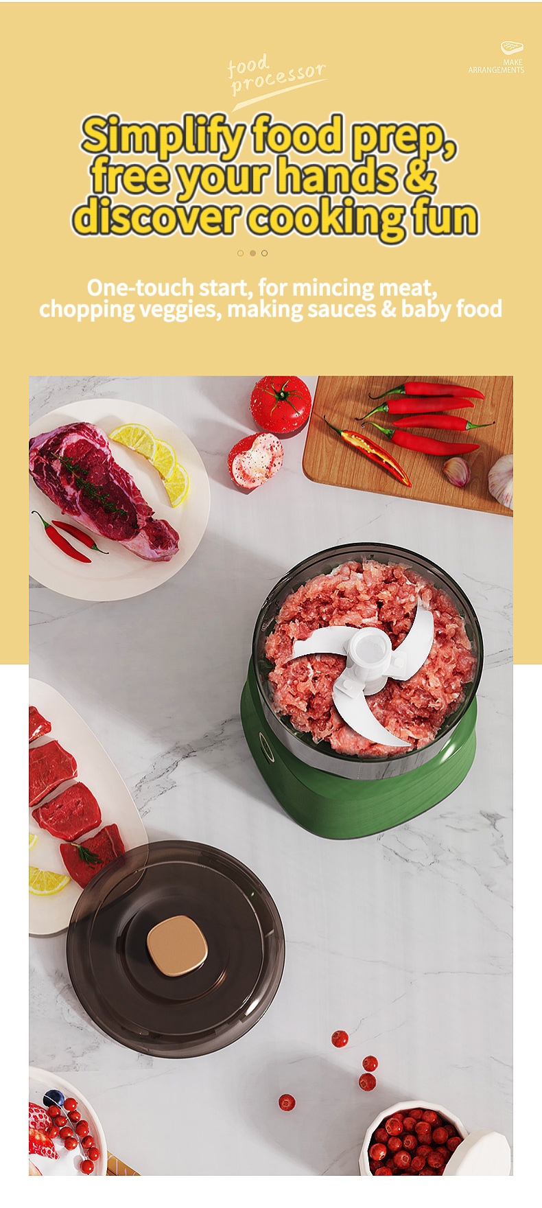 10 Seconds Perfect Fillings | Mini Electric Multi-Functional Food Chopper, One-Tap Mince Meat & Veggies