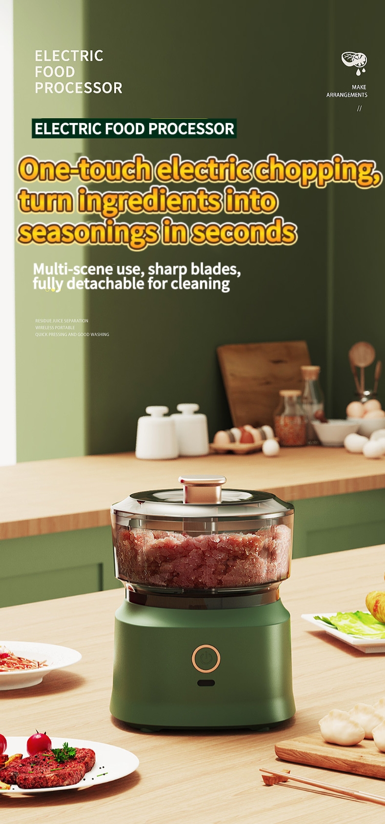 10 Seconds Perfect Fillings | Mini Electric Multi-Functional Food Chopper, One-Tap Mince Meat & Veggies