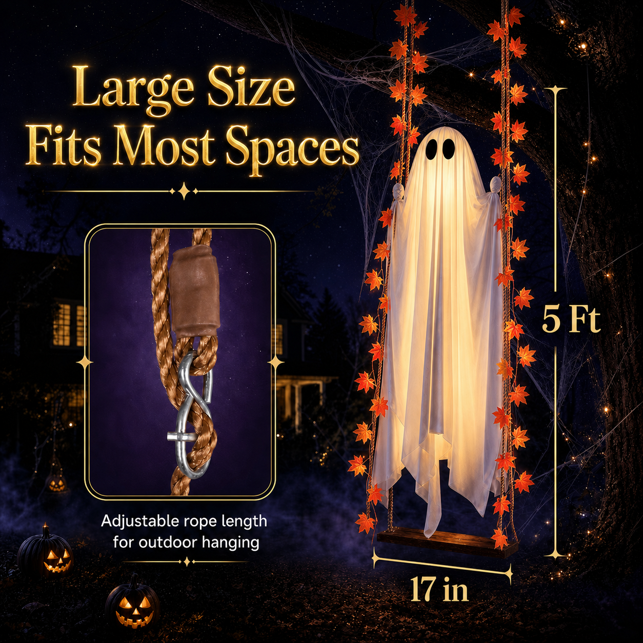 👻 5FT LED Hanging Ghost Swing – Outdoor Halloween Decor
