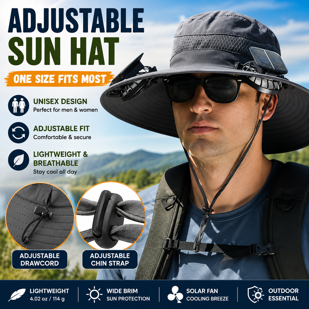 Solar Powered Cooling Fan Hat | Wide Brim Sun Protection Hat for Fishing, Hiking & Outdoor Work