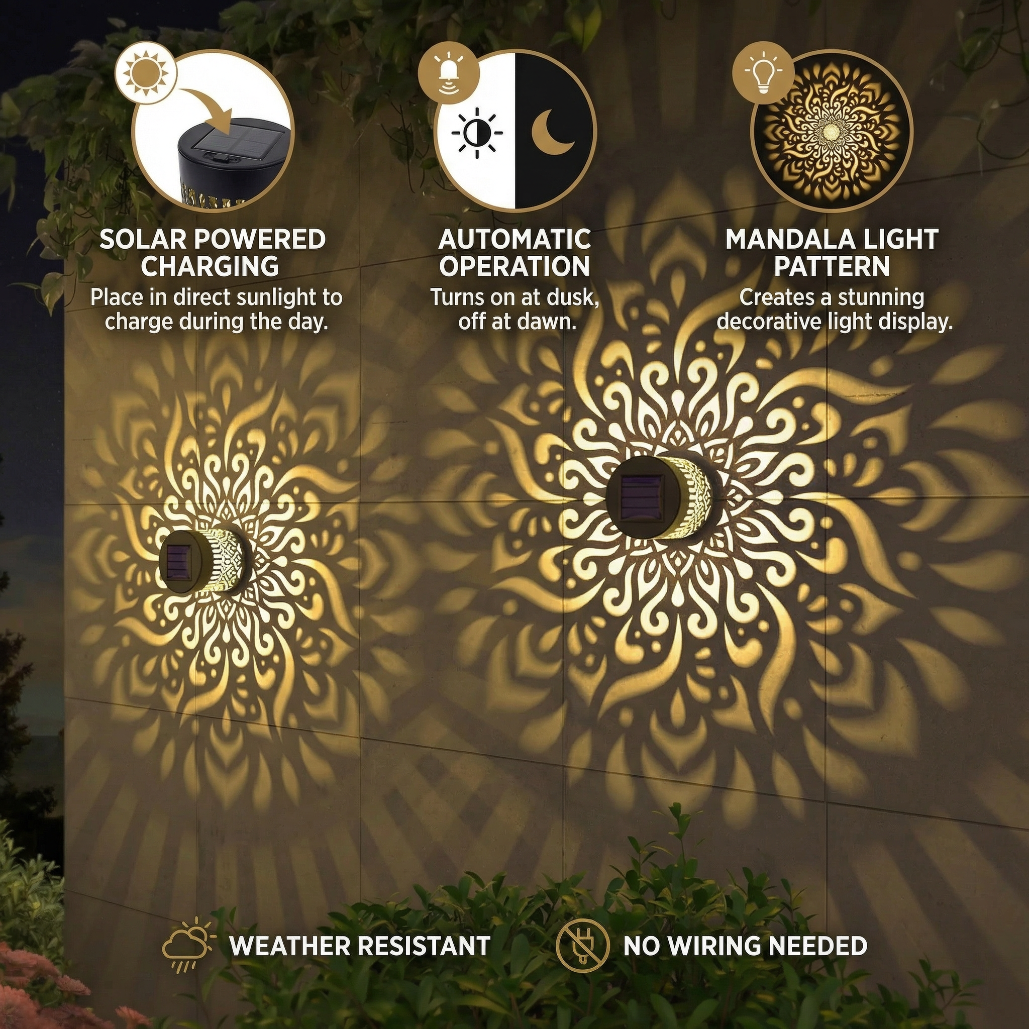 LED Solar Mandala Wall Light – Outdoor Light for Garden, Fence & Patio