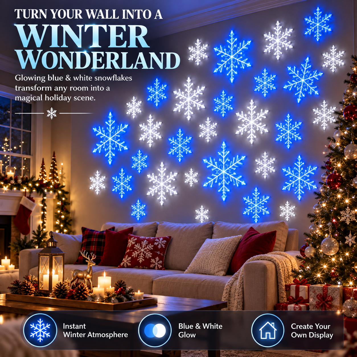 💙 Blue & White LED Snowflake Lights – Winter Wonderland Christmas Wall Decor