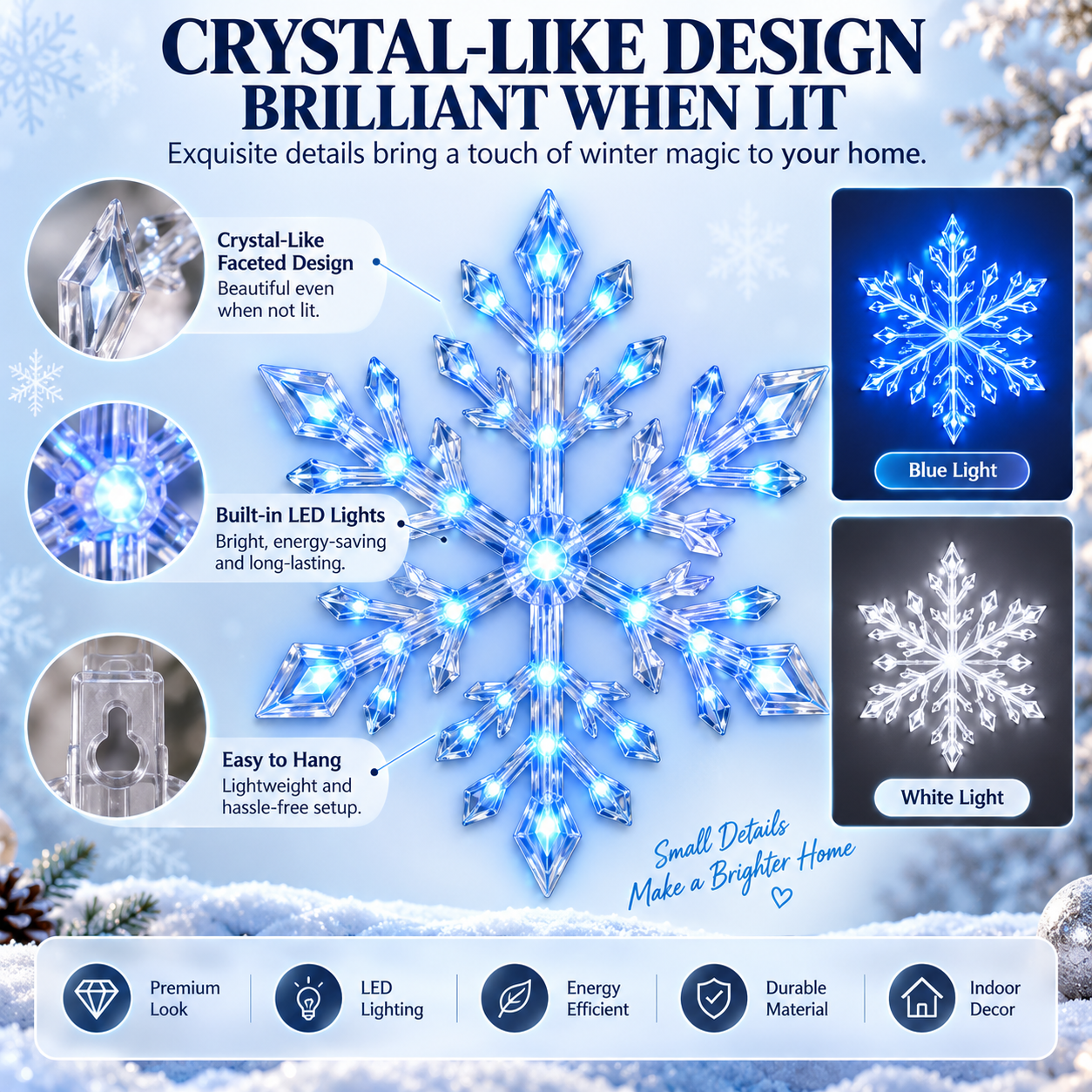 LED snowflake lights in multiple rooms