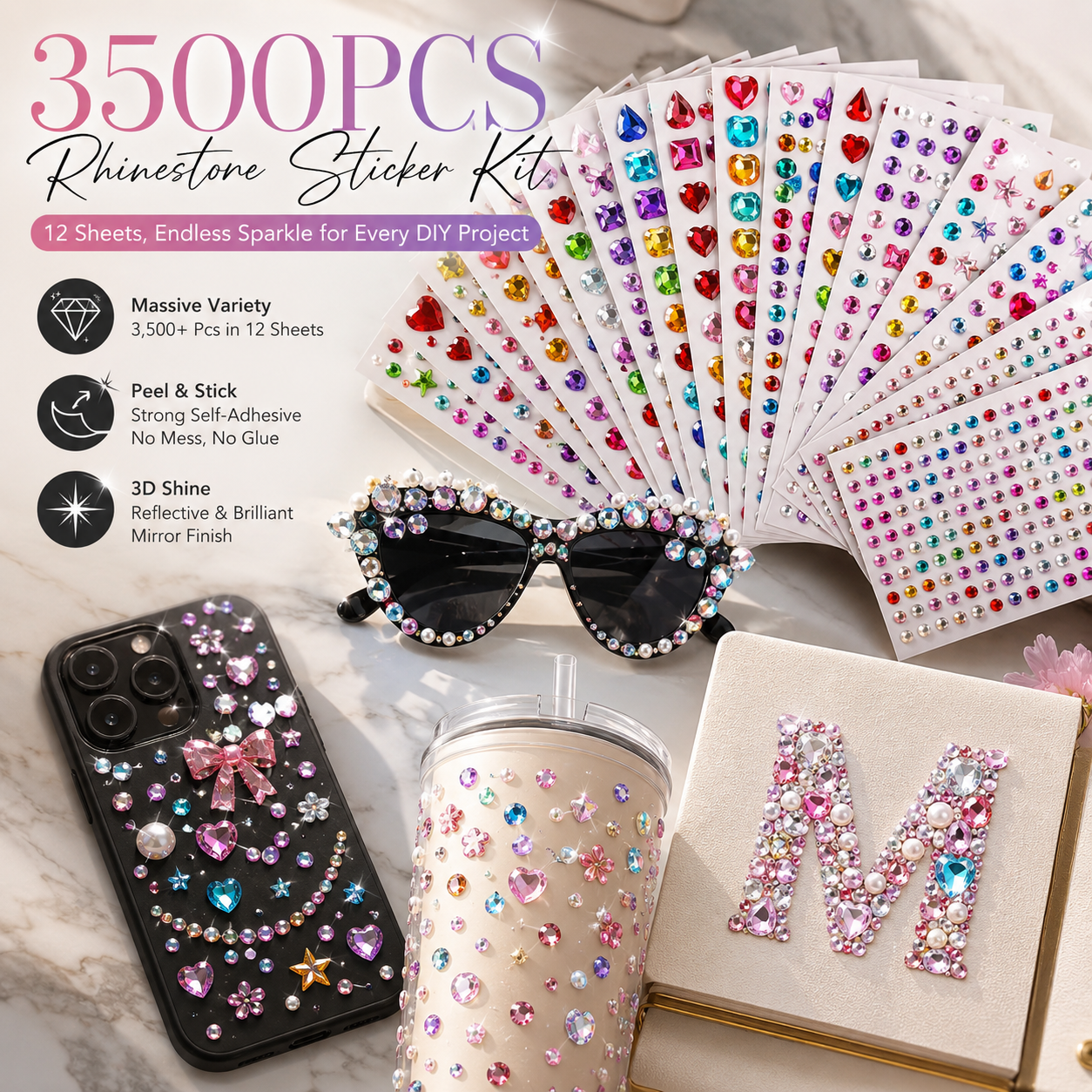 ✨ 3,500-Piece Rhinestone Sticker Kit – 12 Sheets of Sparkling 3D Gem & Pearl Stickers💎