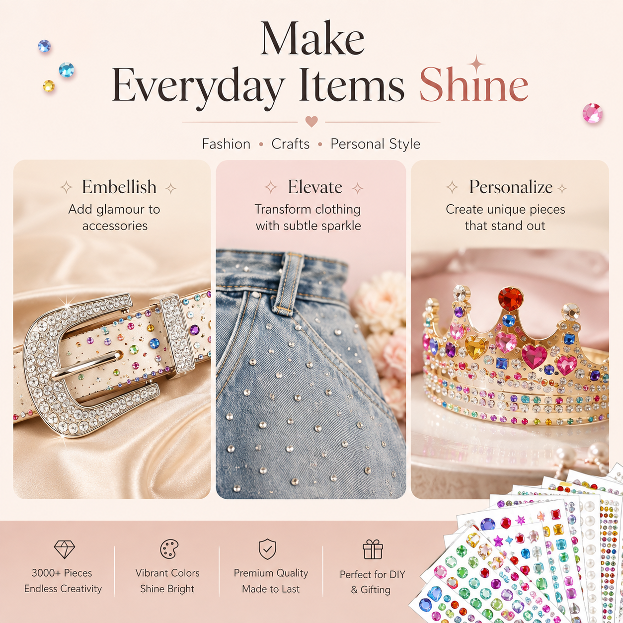 ✨ 3,500-Piece Rhinestone Sticker Kit – 12 Sheets of Sparkling 3D Gem & Pearl Stickers💎