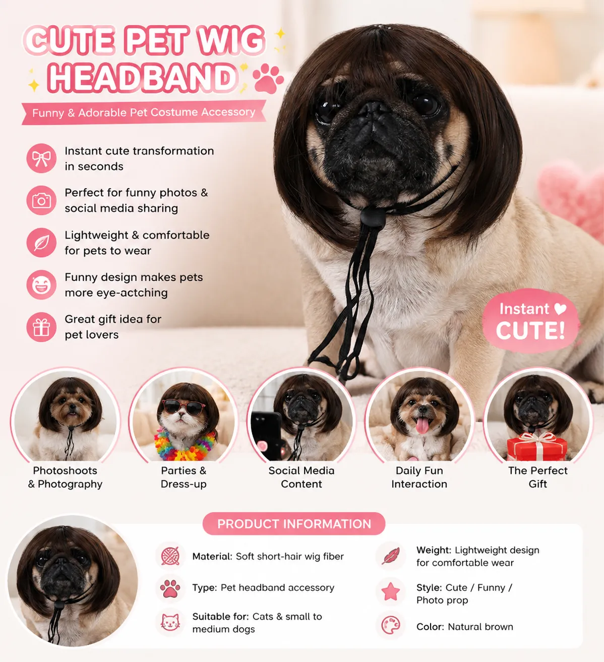 🐶 Cute Pet Wig Headband – Funny Costume Accessory for Dogs & Cats