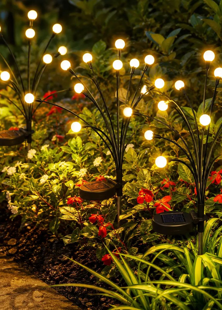 Close-up of warm glowing firefly orbs on flexible stems