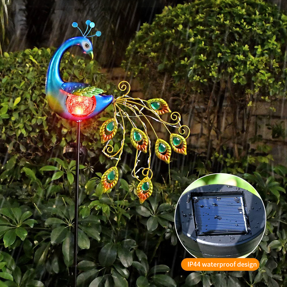 🦚✨ Solar Peacock Crackle Glass Globe Garden Stake Light