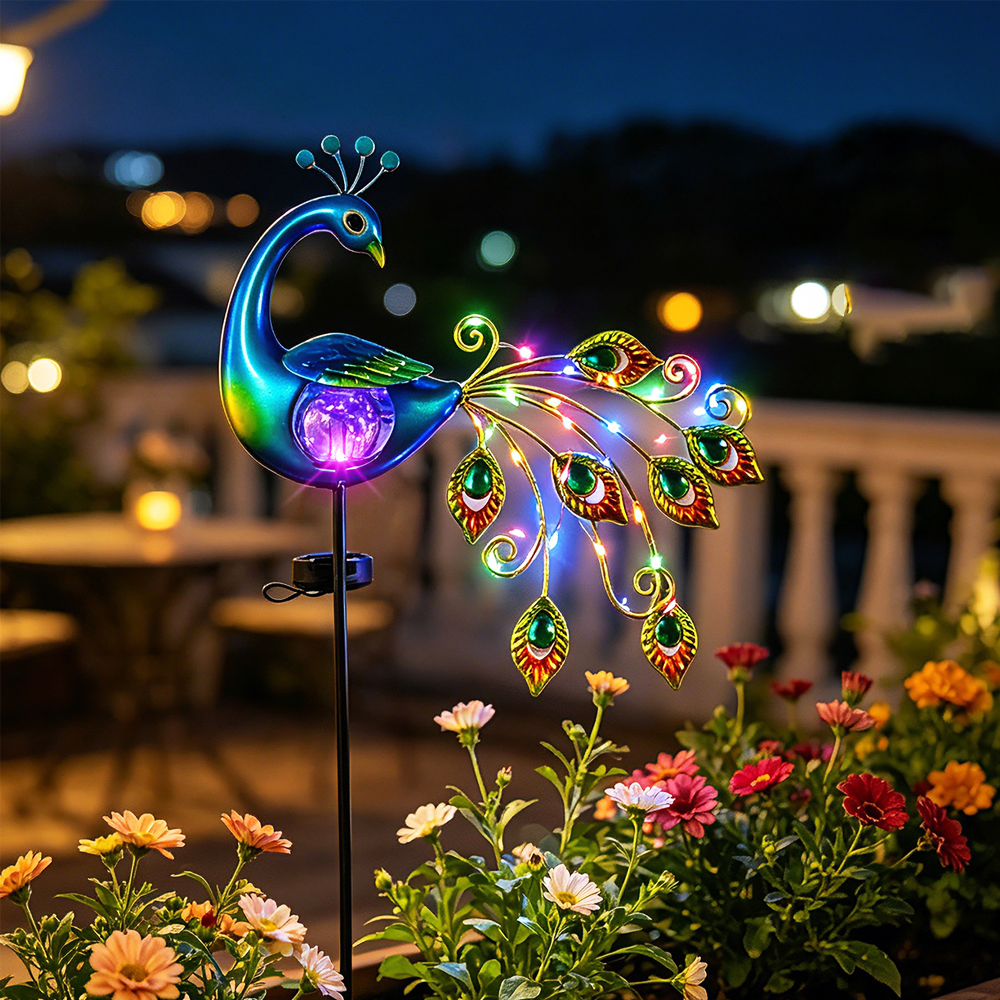🦚✨ Solar Peacock Crackle Glass Globe Garden Stake Light