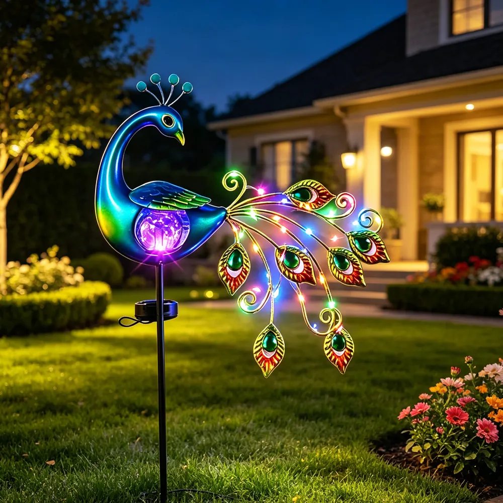 🦚✨ Solar Peacock Crackle Glass Globe Garden Stake Light