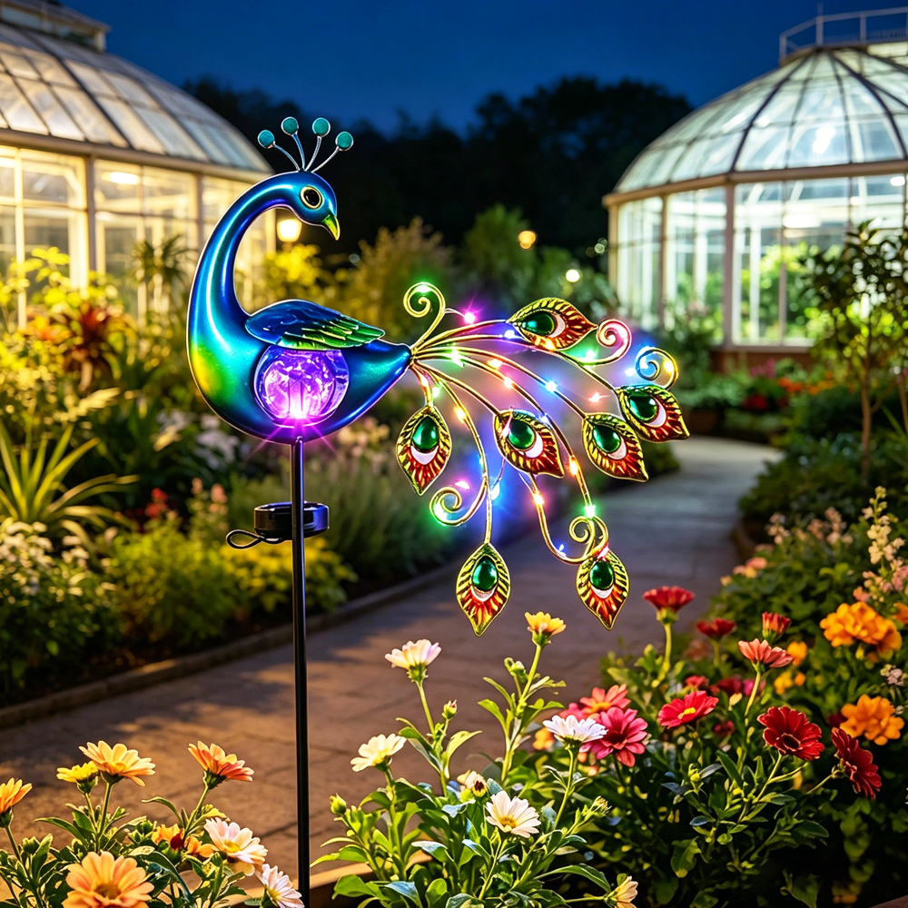 🦚✨ Solar Peacock Crackle Glass Globe Garden Stake Light