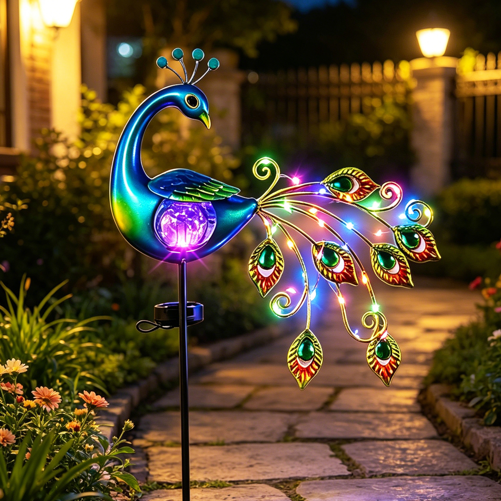 🦚✨ Solar Peacock Crackle Glass Globe Garden Stake Light