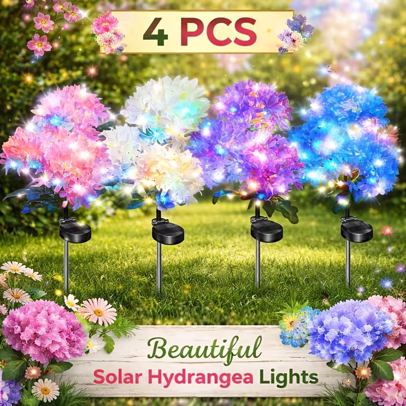 🌸 2026 Best Seller | 4-Pack LED Outdoor Solar Hydrangea Flower Lights