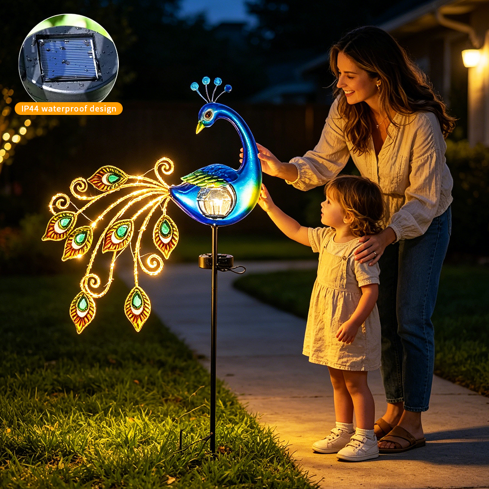 🦚✨ Solar Peacock Crackle Glass Globe Garden Stake Light