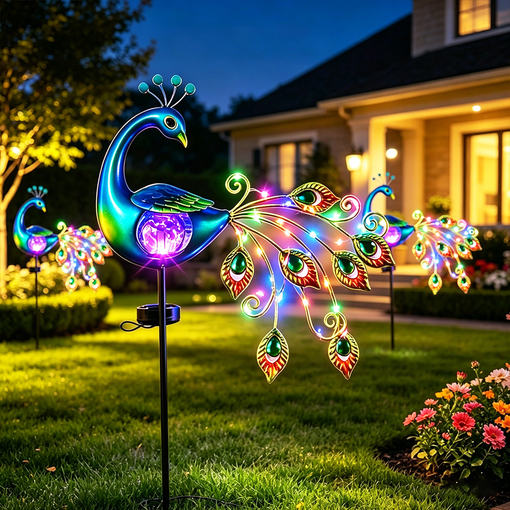 🦚✨ Solar Peacock Crackle Glass Globe Garden Stake Light