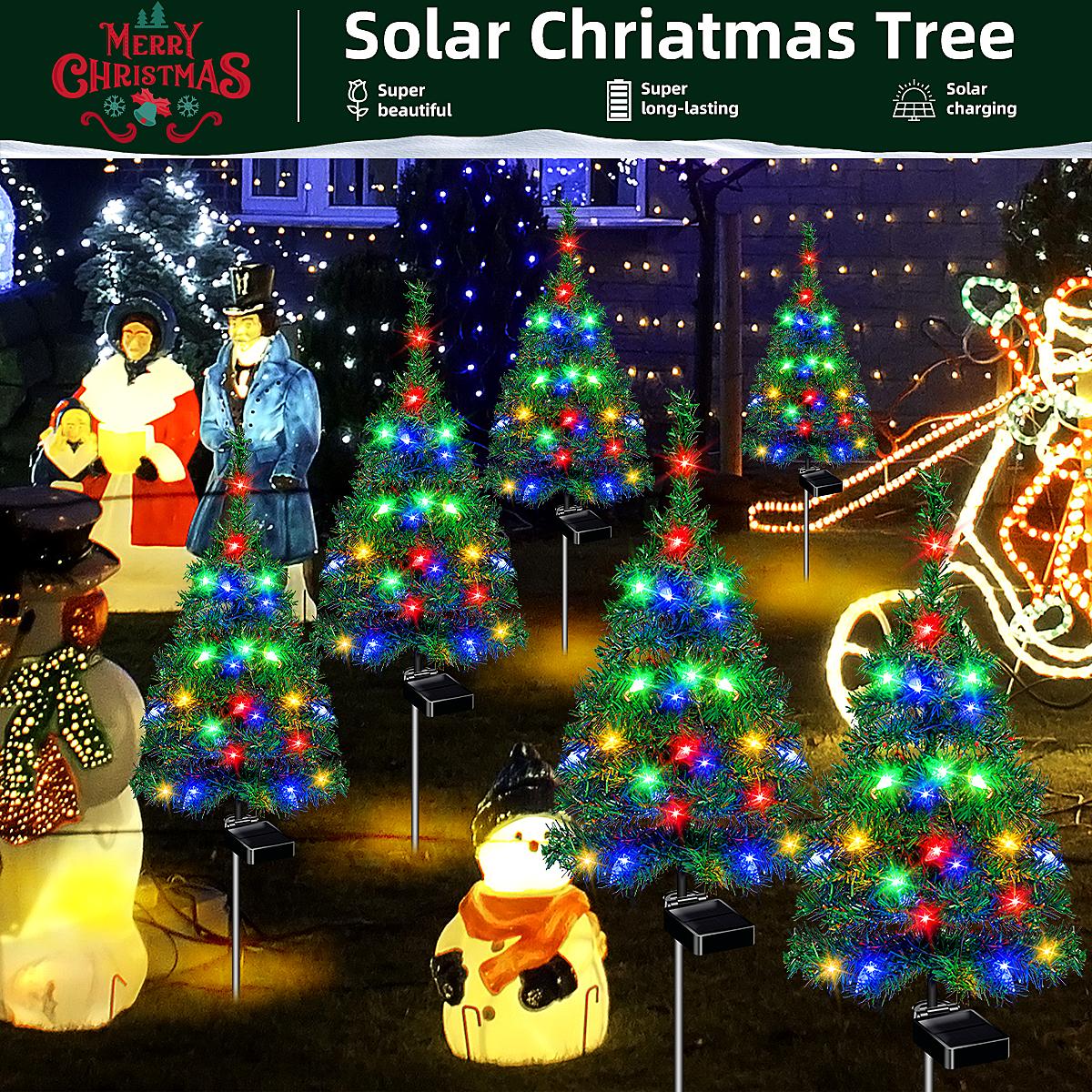Solar Christmas Tree Garden Stake Lights Outdoor Waterproof Pathway Lights Xmas Tree Light for Lawn Patio Yard Front Porch Christmas Decor 2pcs