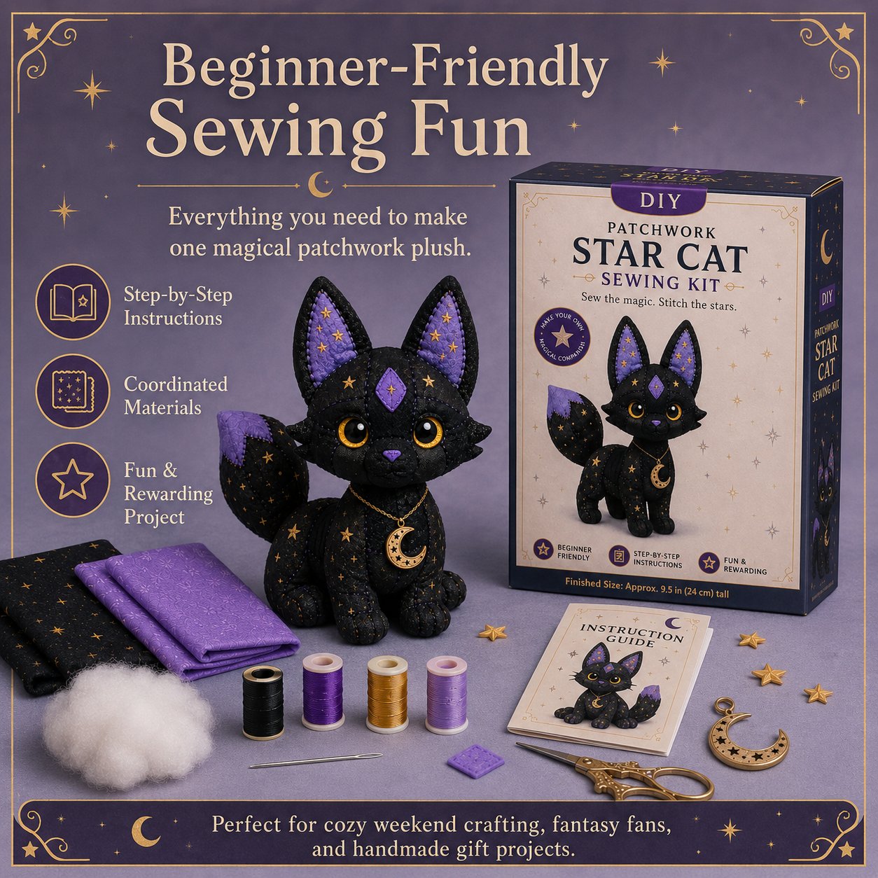 🔥LAST DAY 30% OFF - 🐱Mystic Patchwork Animal Sewing Kit – DIY Plush Craft Kit with Starry Fabric, Moon Charm